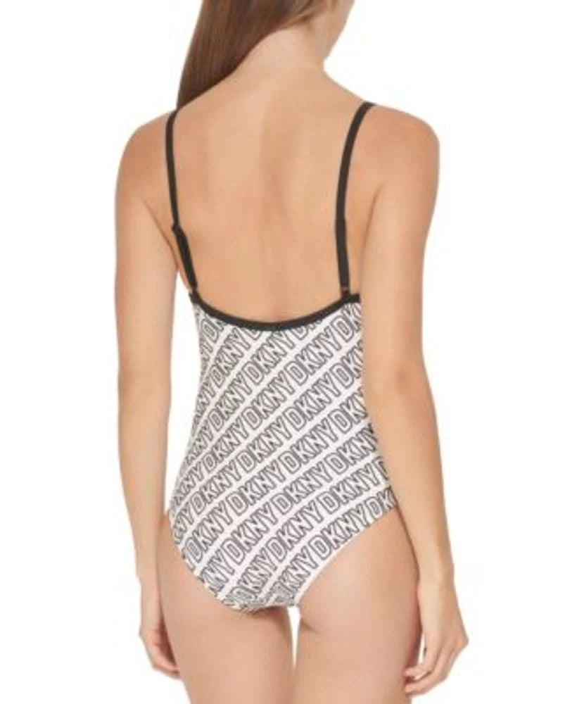 DKNY Onyx Logo-Print One-Piece Swimsuit, US Large