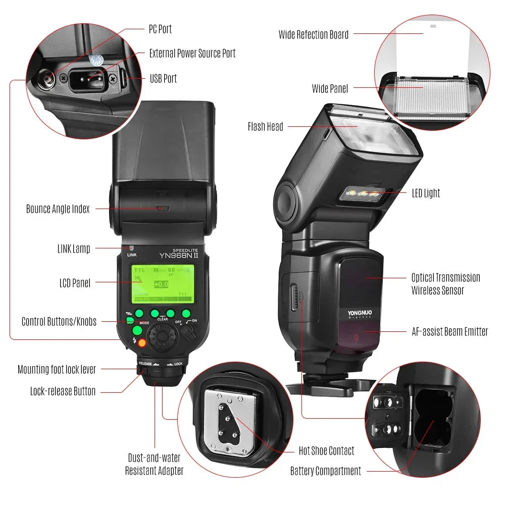 YONGNUO Camera Flash,Built-in Led 5600k Dslr Cameras Compatible Yn968n Wireless Yn622n Yn560 Wireless Ttl Speedlite 1/8000s Speedlite 1/8000s Hss Yn968n Ii Compatible With Hss Ttl Cameras
