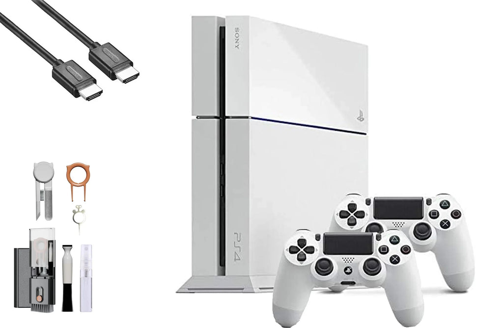 Sony PlayStation 4 500GB Gaming Console White HDMI Cable 2 Controller with BOLT AXTION Cleaning Kit Bundle Like New