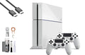 Sony PlayStation 4 500GB Gaming Console White HDMI Cable 2 Controller with BOLT AXTION Cleaning Kit Bundle Like New