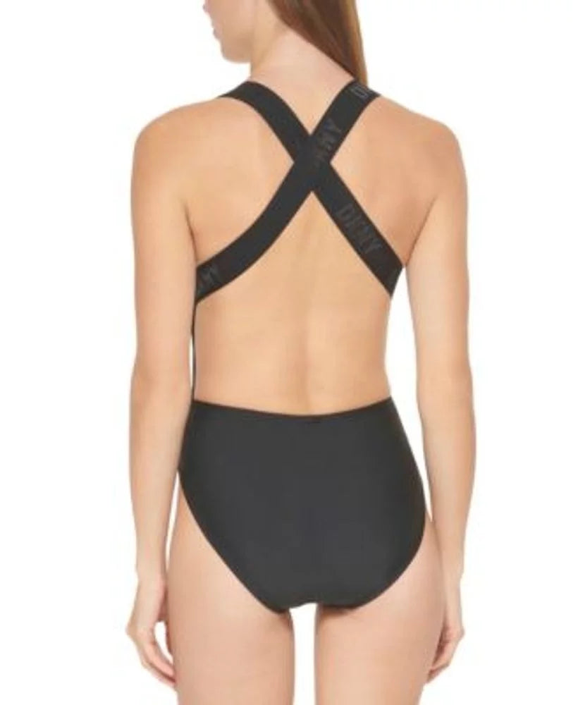 DKNY Charcoal Logo Cross-Back One-Piece Swimsuit, US Large