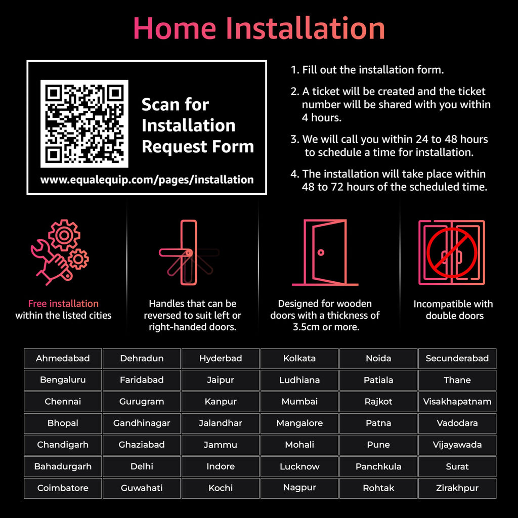 Equal Smart Door Lock A8 Wifi | 6-Way Unlocking | Fingerprint, Pincode, Rfid Access Card, Mechanical Key, Otp Access, Mobile App (Wifi) For Wooden Doors | 1 Year Brand Wa