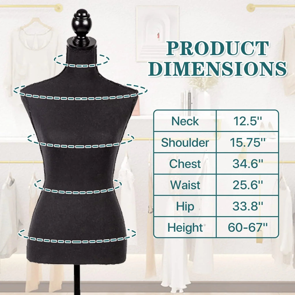 NiamVelo Female Mannequin Torso Dress Form 60-67 Centimeter Height Adjustable Body Model with Tripod Wooden Base, Dark