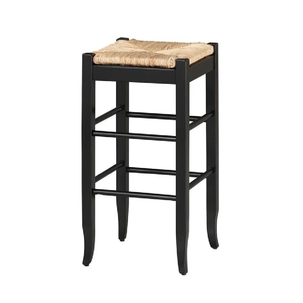 Rush Woven Wooden Frame Barstool with Saber Legs, Beige and Midnight Saltoro Sherpi