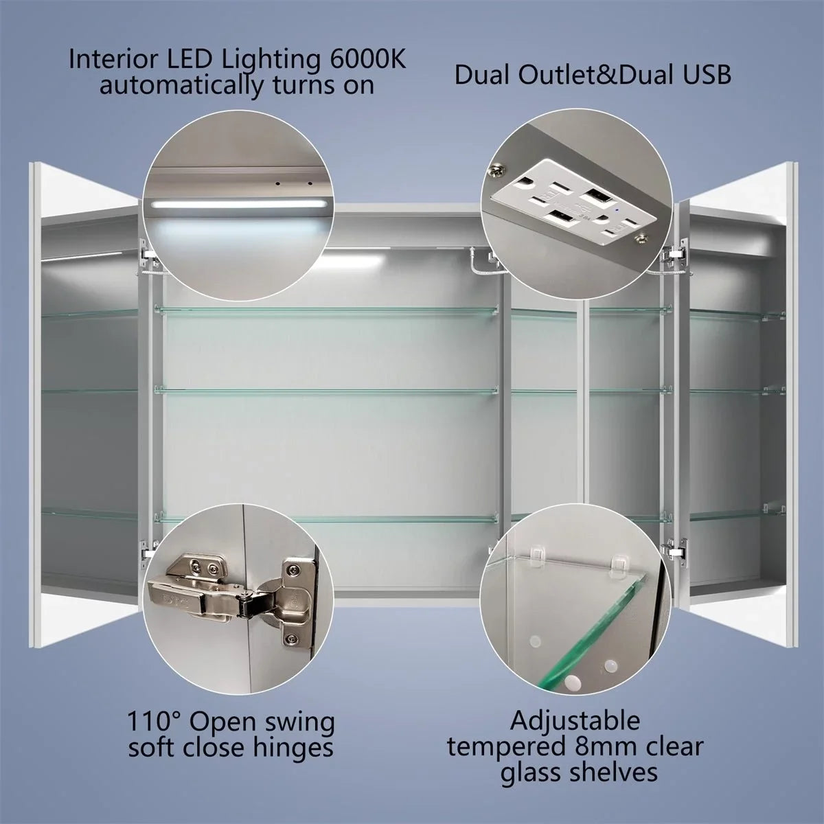 Rim 48" W x 36" H Led Lighted Medicine Cabinet Recessed or Surface with Clock and mirrors