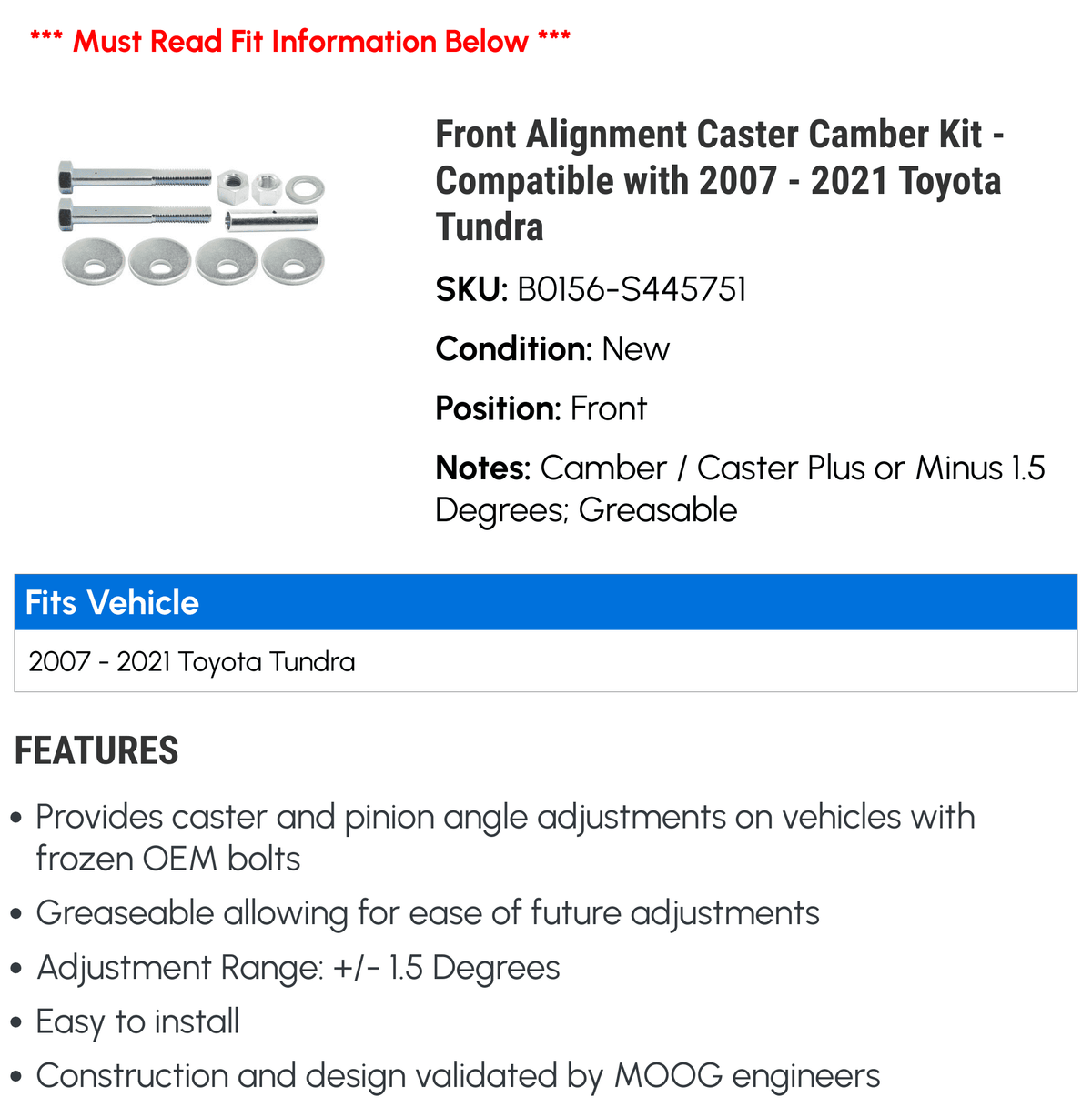 Front Alignment Caster Camber Kit - Compatible with 2007 - 2021 Toyota Tundra 2008 2009 2010 2011 2012 2013 2014 2015 2016 2017 2018 2019 2020 2022