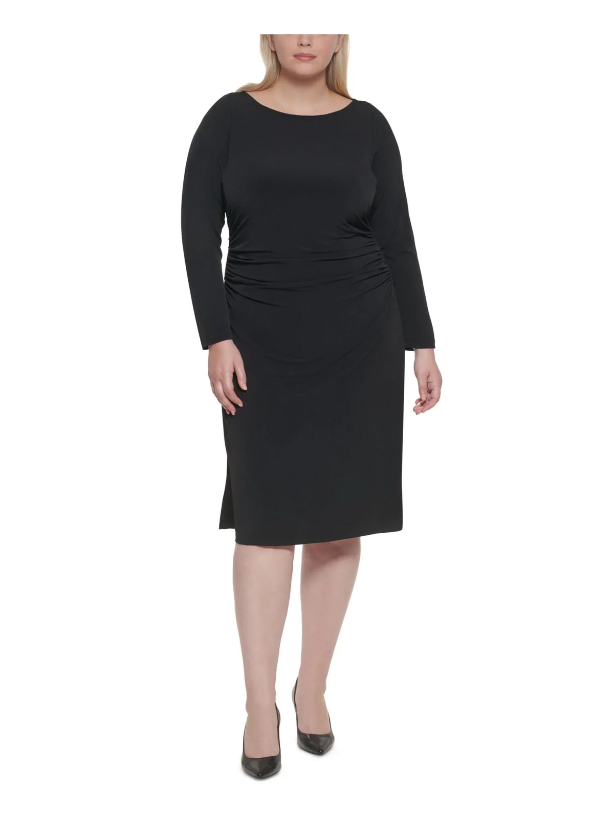 CALVIN KLEIN Womens Dark Stretch Ruched Zippered Long Sleeve Round Neck Midi Wear To Work Sheath Dress Plus 16W