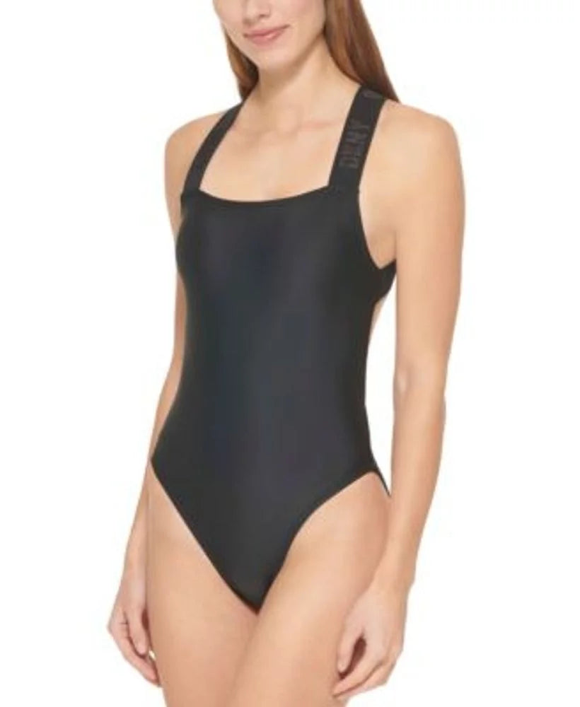 DKNY Charcoal Logo Cross-Back One-Piece Swimsuit, US Large