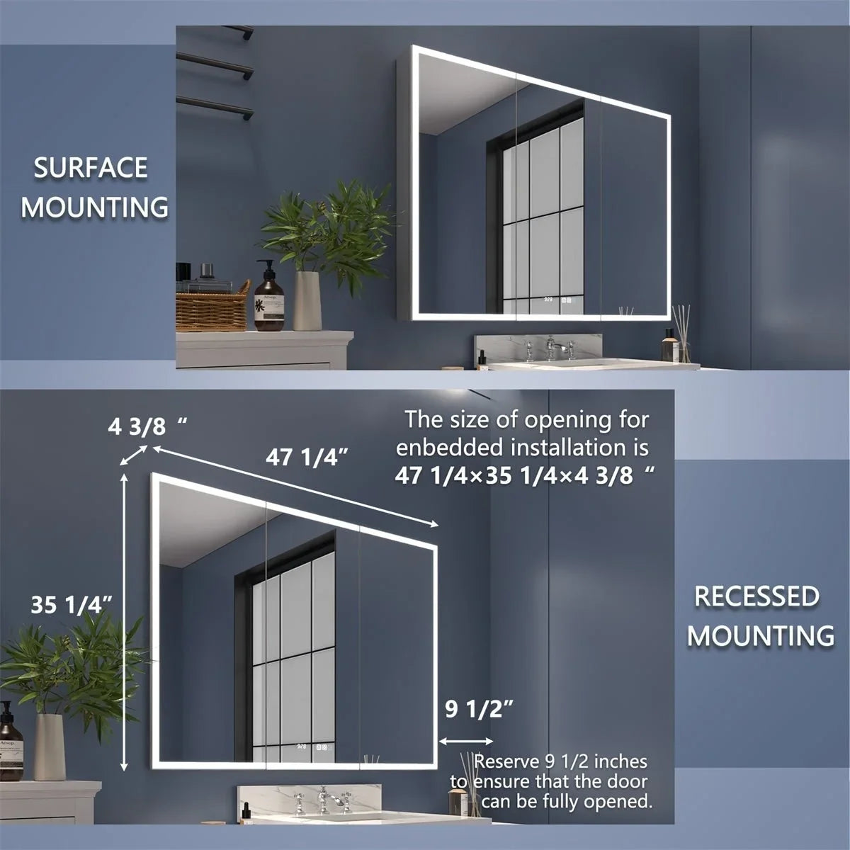 Rim 48" W x 36" H Led Lighted Medicine Cabinet Recessed or Surface with Clock and mirrors
