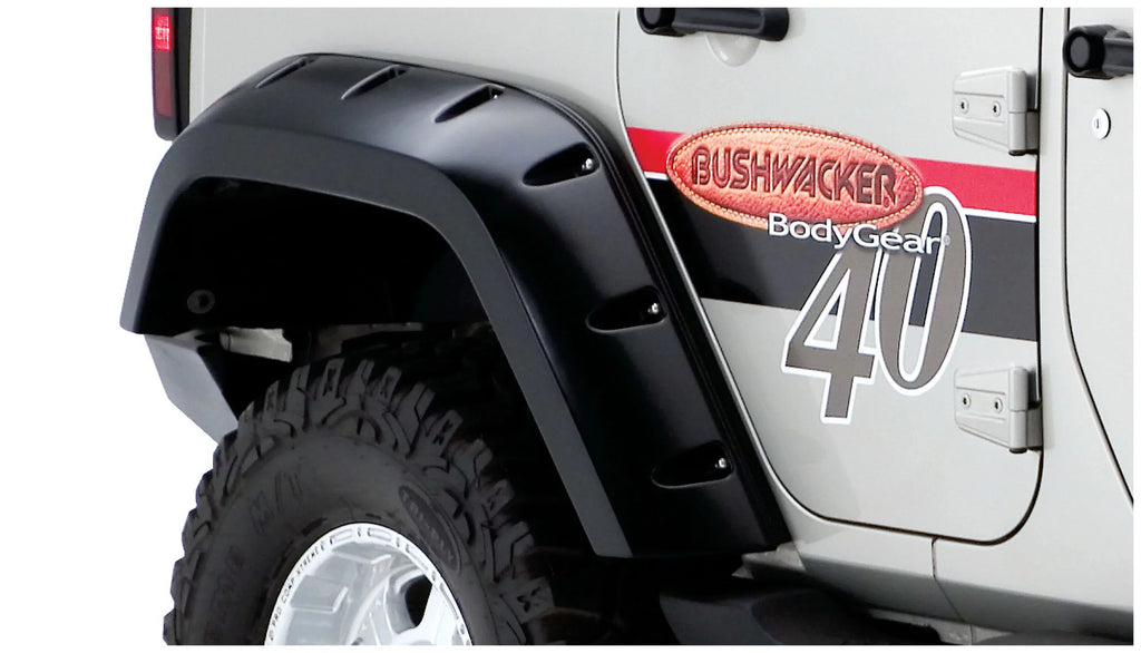 Bushwacker by RealTruck Max Coverage Pocket/Rivet Style Rear Fender Flares | 2-Piece Set, Charcoal Textured Finish | 10044-02 | Compatible with 2007-2018 Jeep Wrangler JK Unlimited