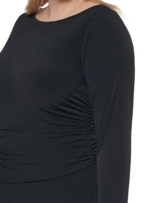 CALVIN KLEIN Womens Dark Stretch Ruched Zippered Long Sleeve Round Neck Midi Wear To Work Sheath Dress Plus 16W