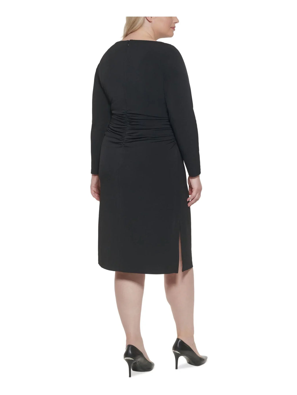 CALVIN KLEIN Womens Dark Stretch Ruched Zippered Long Sleeve Round Neck Midi Wear To Work Sheath Dress Plus 16W