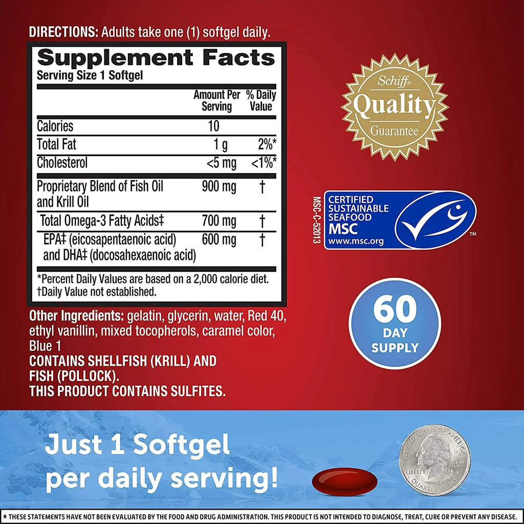 MegaRed Advanced 4 in 1 Omega-3 Fish Oil & Krill Oil Softgels, 900 Mg, 40 Ct, 2 Pack