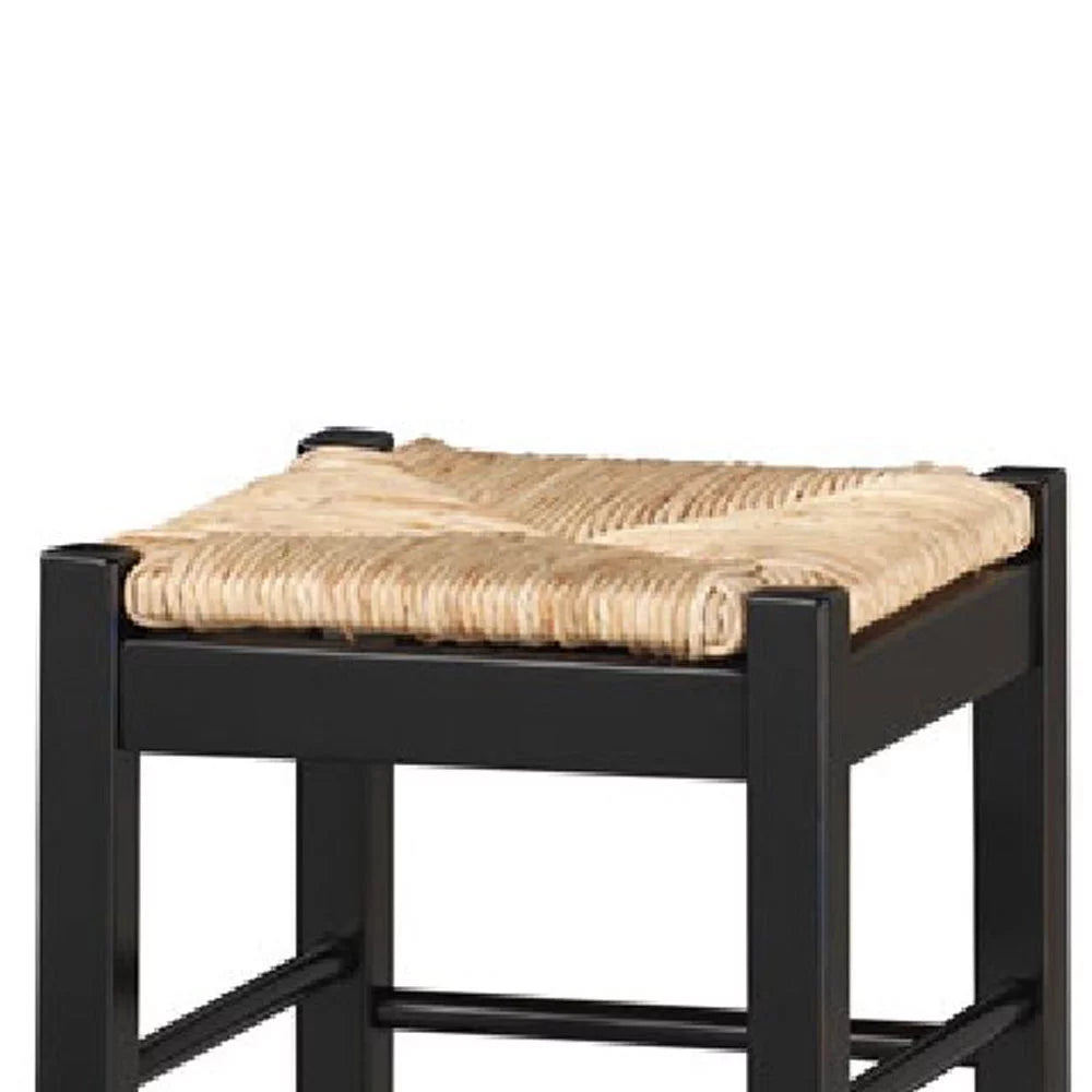 Rush Woven Wooden Frame Barstool with Saber Legs, Beige and Midnight Saltoro Sherpi